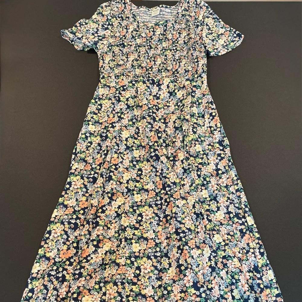 Blair Floral Maxi Dress Navy Multicolor Smocked Bodice Large